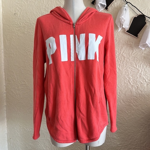 Victoria’s Secret Pink White Logo Hoodie Zip Up Sweatshirt Medium - Picture 2 of 10